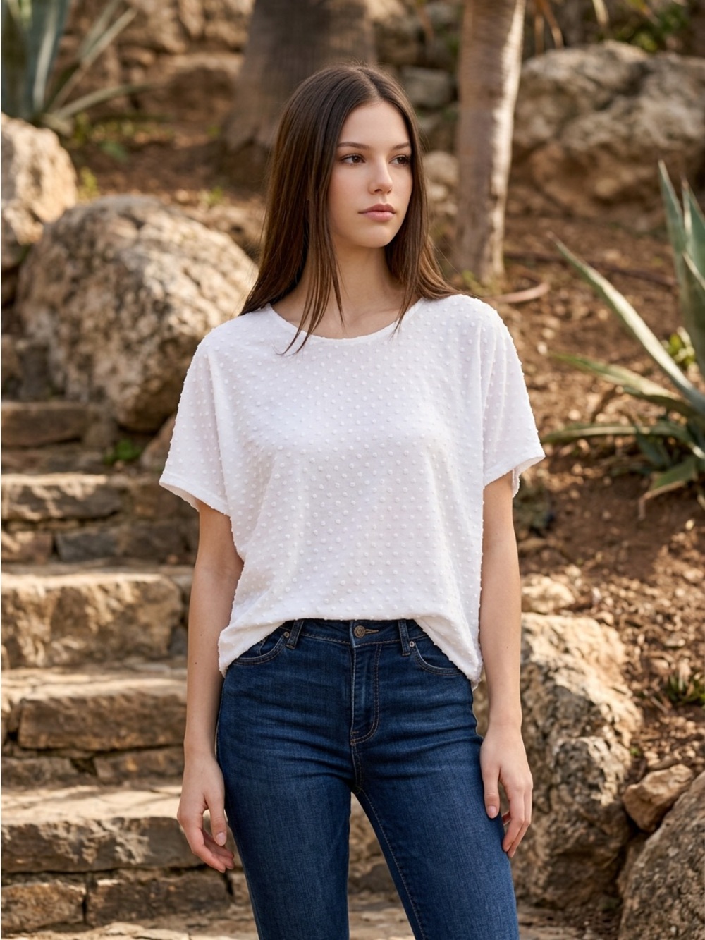 Kim & Cami Y2K White Textured Dot Top Tee Shirt Batwing Sleeves - Size Large